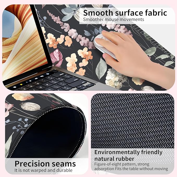 Desk Mat,Big Desk Pad,31.5 x 11.5in Extended Gaming Mouse Pad,Large Mouse Pad for Desk Rubber Base Mousepad with Stitched Edges,Keyboard Mouse Mat for Work Game Office Home - Cute Watercolor Flower