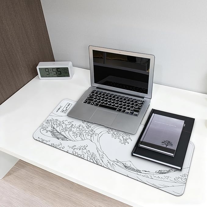 Gaming Mouse Pad, Large 31.5 x 11.8 inches Mousepad, Long Keyboard Pad, Cute Mouse Mat for Computer with Stitched Edges and Non-Slip Base (Japanese Grey White Wave)