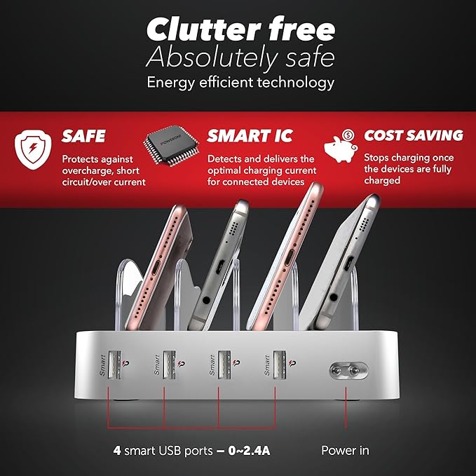 4 Port Charger Station - Fast Charging Dock for Multiple Devices Apple - Multi Device USB Charging Station - Compatible with Apple iPad, iPhone, Android, and Tablet - Charging Rack