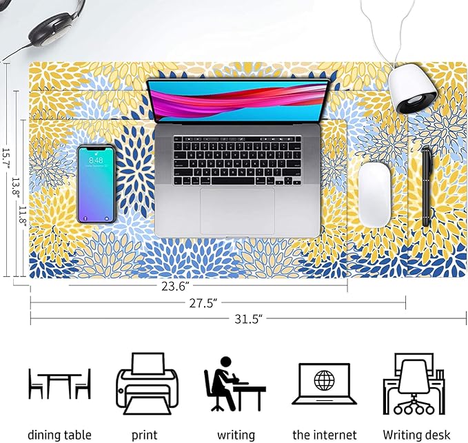 Desk Mat Large Protector Pad 31.5" ×15.7", Non-Slip PU Leather Desk Blotter, Waterproof Mouse Pad for Office Home Chic Flower
