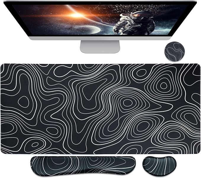Bloss Mouse Pad with Wrist Rest, 4PCS Desk Mat and Wrist Support for Keyboard, Large Desk Pad, Keyboard Pad for Office Work/Home, Black and White Topography (31.5 x 15.7 Inches)