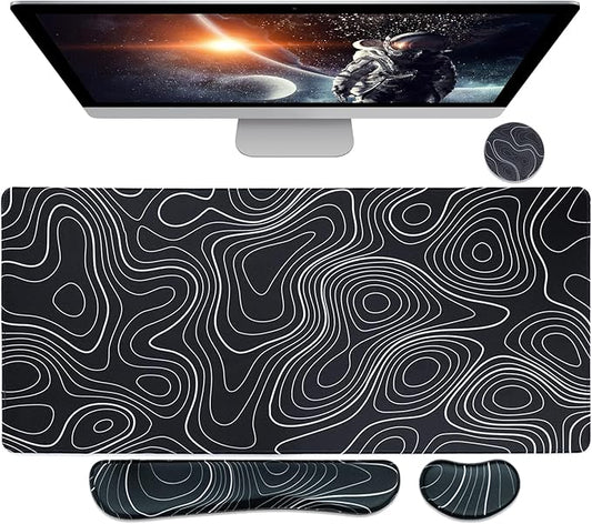 Bloss Keyboard Mouse Pad Set, Large Gaming Desk Pad+Keyboard Wrist Rest+Mouse Wrist Cushion+Coaster, Non-Slip Desk Mat, Home Office Essentials-Black and White Topography (35.4 x 15.7 Inches)