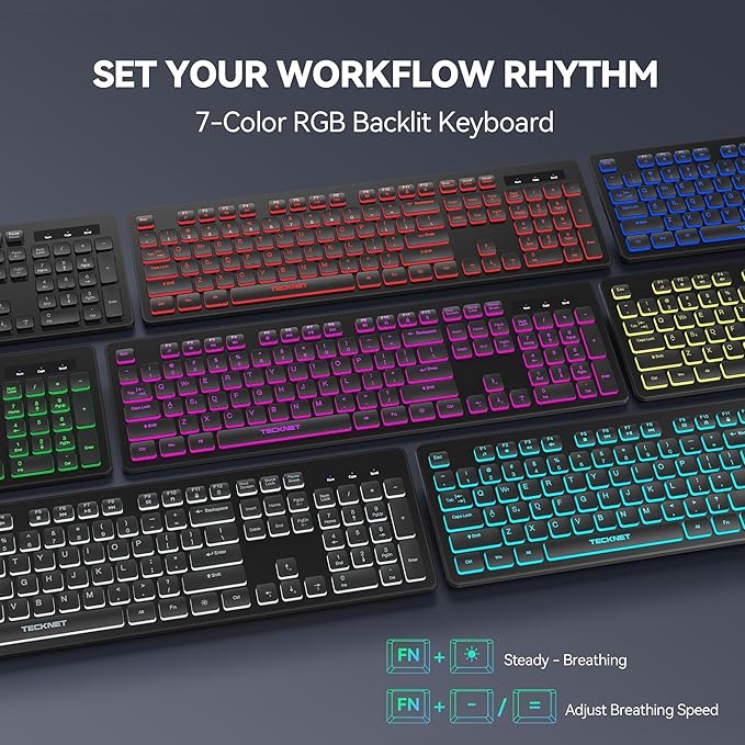 TECKNET Wired Keyboard,Silent USB Keyboard for Office,Spill-Resistant,Slim Full-Size Membrane Layout,Plug and Play for PC/Laptop/Mac-7 Colors Backlit