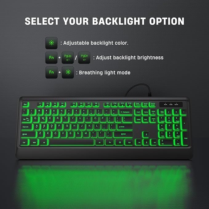 Backlit Computer Keyboards, Wired USB LED Keyboard with 7 Colors Backlight, Plug and Play, Waterproof, Full Size Quiet Computer Keyboard for Windows Desktop, PC, Laptop, Gaming