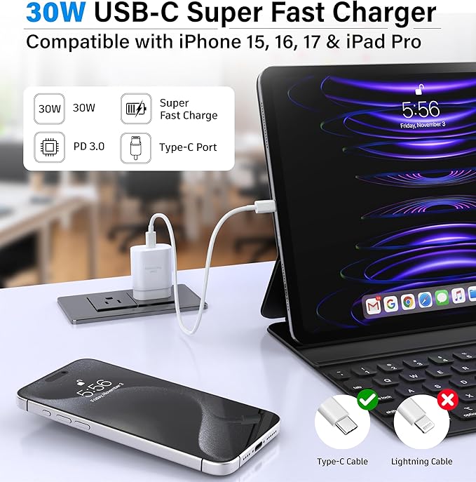TT&C 30W USB-C Super Fast Charger with 10ft Type C Cable, PD Wall Block Compatible with iPhone 17/16/15 Pro Max/Air, iPad Pro, and Galaxy S25/S24-1 Pack