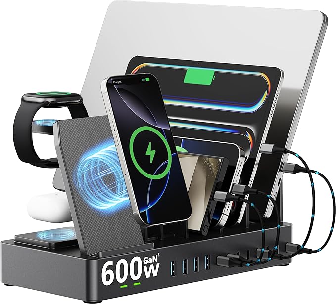 420W Charging Station for Multiple Devices, Zobirez 10-Port USB C Fast Charger Stations for MacBook, iPhone, Android Cell Phone, iPad, Tablet, Family Multi-Device Organizer Charging Dock, Black