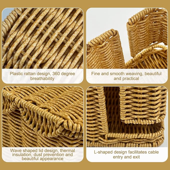 Scalloped Edge Handmade Cable Management Box, Elegant Plastic Rattan Cable Organizer, 2 Open Slots Sturdy Cord Hider Box, Under Desk Cord Organizer for Home TV Wires Computer Router USB Hub Strip (1) - Image 4