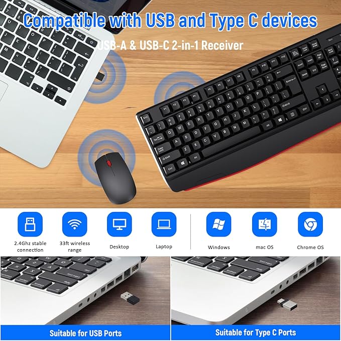 Wireless Keyboard and Mouse Combo-Full Size QWERTY Layout 2.4G Stereo Keycap Ergonomically Designed Mechanical Keyboard Set for Windows, PC,Laptop, Notebook,Computer with USB-A&Typ-C 2-in-1 Receiver