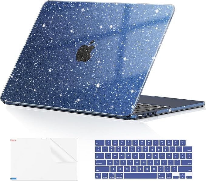 EooCoo Case Compatible with MacBook Air 13 inch M5 2026-2022 Release M4 M3 M2 A3449 A3240 A3113 A2681, Glitter Hard Shell&Keyboard Skin Cover&Screen Protector for Mac Air 13.6 inch, Sparkly Midnight