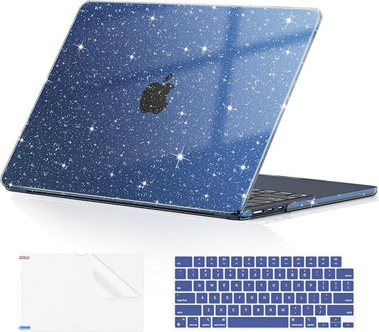 EooCoo Case Compatible with MacBook Air 13 inch M5 2026-2022 Release M4 M3 M2 A3449 A3240 A3113 A2681, Glitter Hard Shell&Keyboard Skin Cover&Screen Protector for Mac Air 13.6 inch, Sparkly Midnight