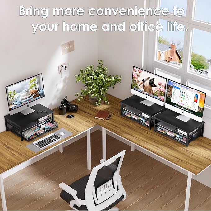 OPNICE Computer Monitor Stand Riser, Desk Organizer with Drawer, Printer & Laptop Stand, Office Desk Accessories & Workspace Desktop Organizers Storage for Office Supplies(Black)