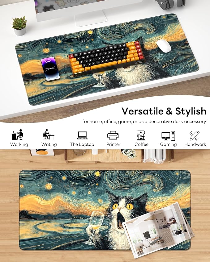 XL Gaming Mouse Pad, 31.5x15.7'' Large Desk Mat with Anti-Slip Rubber Base & Stitched Edges for Gaming, Office, Home - Shocked Cat