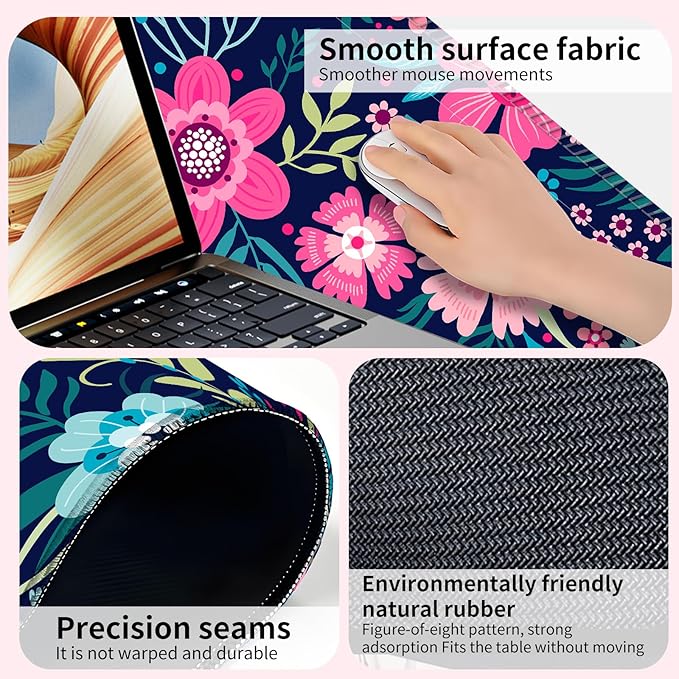Desk Mat,Big Desk Pad,31.5 x 11.5in Extended Gaming Mouse Pad,Large Mouse Pad for Desk Rubber Base Mousepad with Stitched Edges,Keyboard Mouse Mat for Work Game Office Home - Beautiful Flowers