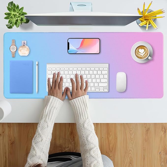 Bloss Desk Mat, Non-Slip Desk Pad Mat Protector, Large Desk Mat for Keyboard and Mouse, Pink Cyan Desk Mousepad with Stitched Edges, Keyboard Pad for Gamer, Office(31.5×11.8 Inches)