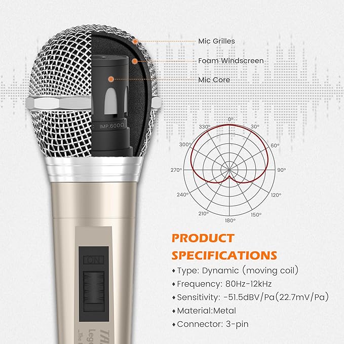 Wired Microphone for Singing, Metal Female, ON/Off Switch, Professional Vocal Dynamic Mic with 20ft & 6.5ft XLR Audio Cable, Cardioid Studio Microfono for Podcasting and Recording, Gold-L52