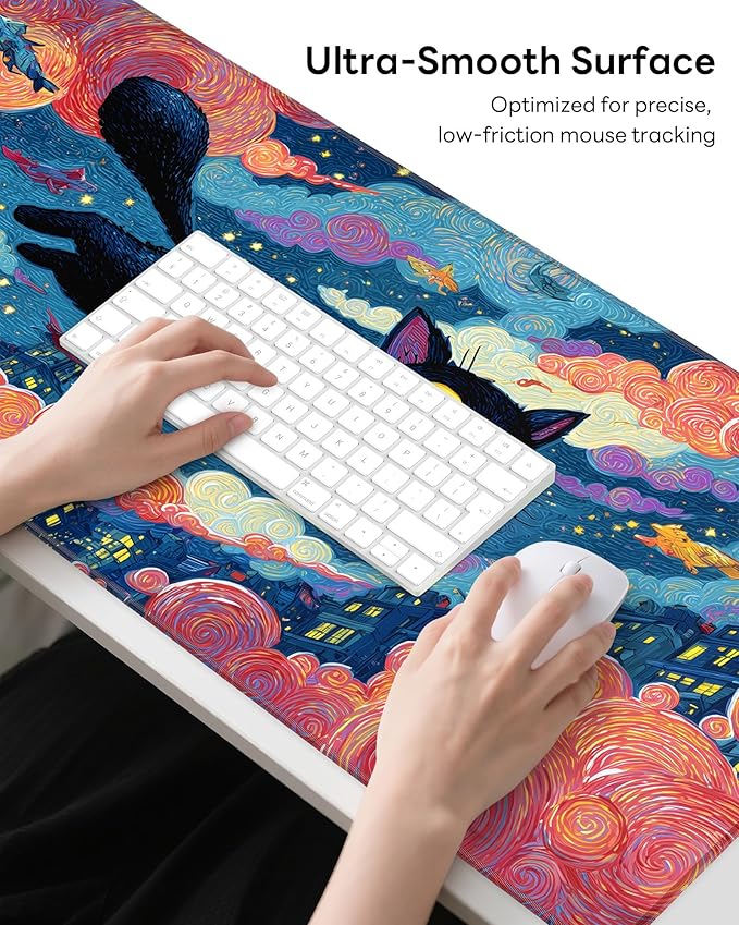 XL Gaming Mouse Pad, 31.5x15.7'' Large Desk Mat with Anti-Slip Rubber Base & Stitched Edges for Gaming, Office, Home - Flying Cat