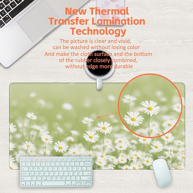 Desk Mat, Green Daisy Flowers Desk Pad, Chamomile Flowers Large Gaming Mouse Pad, 31.5"x15.7" Extended Big Computer Keyboard Mouse Pad with Non-Slip Base and Stitched Edge