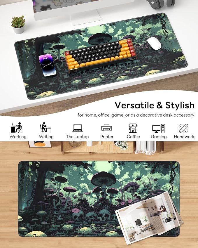XL Gaming Mouse Pad, 31.5x15.7'' Large Desk Mat with Anti-Slip Rubber Base & Stitched Edges for Gaming, Office, Home - Gloomy Cemetery