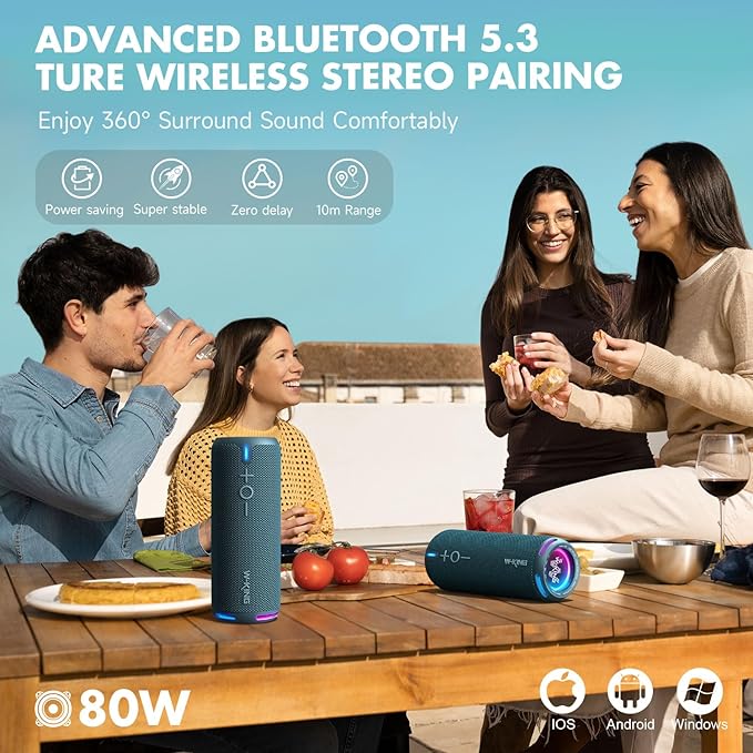 W-KING Portable Bluetooth Speakers Loud, IPX7 Waterproof Outdoor Speakers Wireless, APP Customized EQ, Dual Voice Coil/Deep Bass, 360° Sound with Lights/V5.3/TF/AUX, 40W Party Boombox Shower Speaker