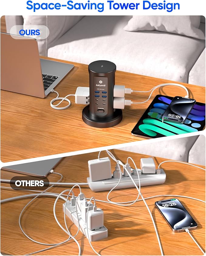 Power Strip Tower, kakyanill Surge Protector Tower 9 AC Outlets 8 USB (4 USB C), 6 Ft Retractable Extension Cord, Charging Station for Office Dorm Room, Black