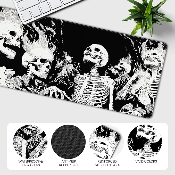 XXL Gaming Mouse Pad, Horror Skull Pattern Black and White, 35.4 x 15.7 Inches, Non-Slip Rubber Base, Waterproof Microfiber Cloth Surface
