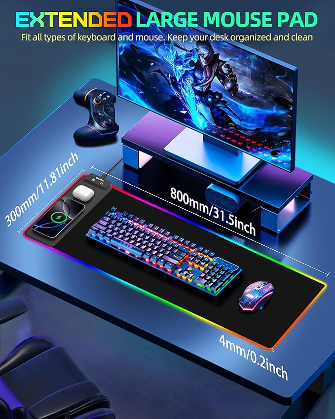 ExtreLife Wireless Charging Mouse Pad, RGB Gaming Mousepad, 31.5"x11.8" Extra Large Desk Mat, 13 Light Modes, Ultra-Smooth Surface, Non-Slip Base, Waterproof Computer Keyboard Pad for Laptop, Black