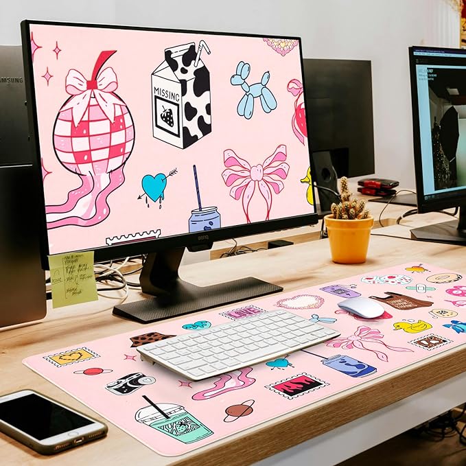 L-SPOUTTO Cute Desk Mat for Keyboard and Mouse,XXL Large Mouse Pad Non-Slip Keyboard Pad Waterproof Desktop Mat for Laptop Computer Work Game Home Office-Cartoon Pink