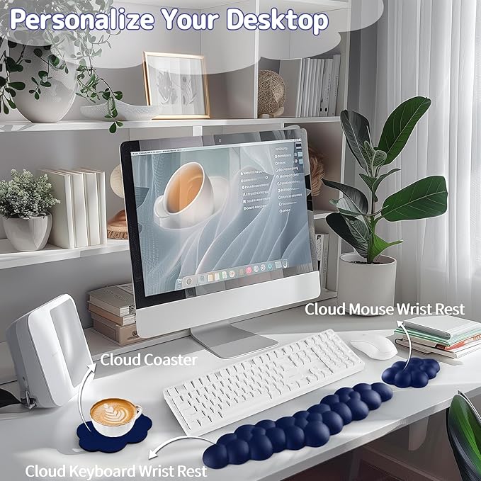 Sushret Cloud Wrist Rest for Keyboard and Mouse, Memory Foam PU Leather Keyboard Wrist Rest with Ergonomic Support, Non-Slip Base, Cute Arm Rest Pad & Palm Cushion, Office Desk Accessory, Dark Blue