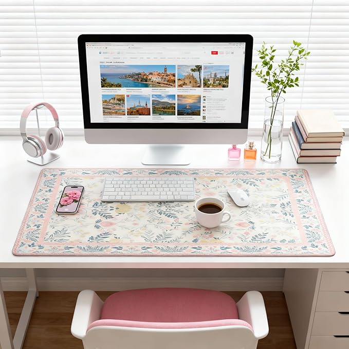 XXL Large Floral Mouse Pad - Pink Flower Desk Mat with Stitched Edges & Anti-Slip Base, Cute Computer Keyboard Mat for Office & Home, Desk Decor for Women