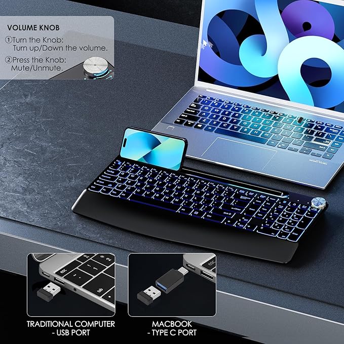 JOMAA 2.4G Wireless Silent Keyboard, Rechargeable,with 7 Colored Backlits &Phone Holder &Wrist Rest,Lighted up Full Size Keyboard for Mac Windows Laptop PC