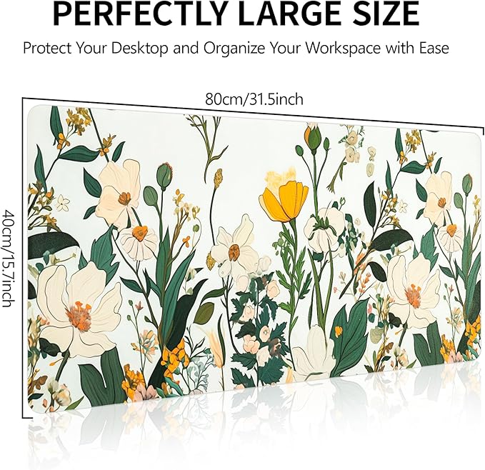 Flower Desk Mat, Desk Matt for Desktop, Leather Mouse Pad, Waterproof Large Keyboard Pad, Anti-Slip Computer mat, Keyboard and Mousepad for Women Office Decor (31.5"x15.7")
