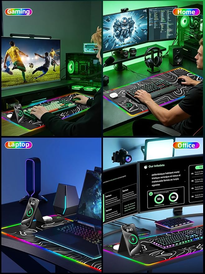 Mouse Pad with Adjustable Phone Stand Dual Wireless Charger, 15W Fast Charging Desk Mat, Extra Large 31.5x15.75 Waterproof Desk Pad for iPhone Samsung Air-Pods, Gaming Mousepad w/ 11&4 RGB
