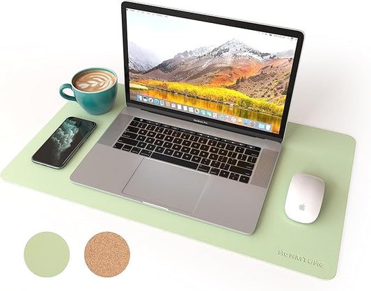 RENMTURE Dual-Sided Mouse Pad, Natural Cork & PU Leather Large Desk Pad for Office and Home Work, Desk Protector Non-Slip, Waterproof, Easy Clean (Light Green, 23.6" x 13.7")