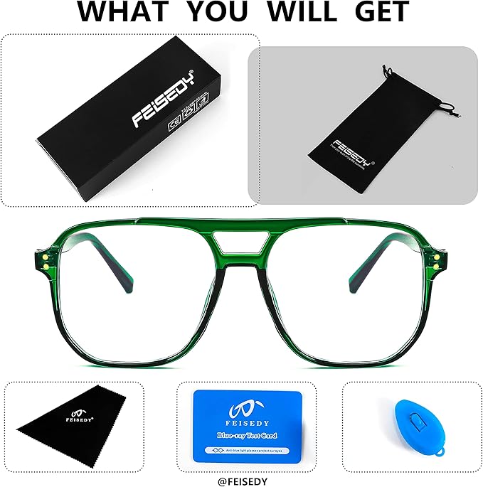 FEISEDY Blue Light Blocking Glasses Fake Nerd Clear Square Computer Lightweight Pilot Glasses Frame Oversized B2866