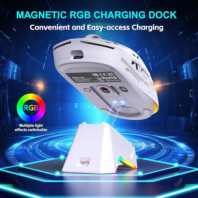 Wireless Gaming Mouse RGB Light, 3 Mode Wired 2.4G BT5.3 12000 DPI 7 Programmable Buttons, Magnetic Charging Dock for PC Laptop Gaming (White)