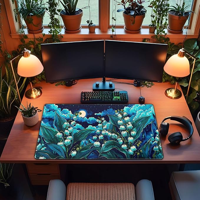 Desk Mat Floral Blue Green Large Mouse Pad 31.5''X15.7'' Lofi Aesthetic Desk Pad Lily of The Valley Extended Gaming Mousepad XXL Keyboard Mouse Mat Pretty Office Decor