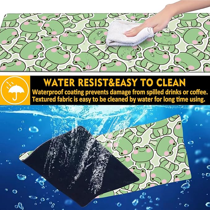 Kawaii Frog Gaming Mouse Pad,Green Cute Desk Mat,31.5""X15.7"" Large Desk Pad with Stitched Edge Non-Slip Base Keyboard Big Mouse Pad for Office Home Work Gaming, WDQ-D09