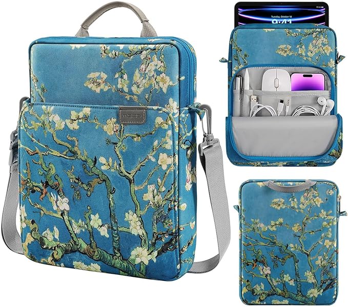 MoKo 9-11 Inch Tablet Sleeve Bag Handle Carrying Case with Shoulder Strap for iPad Pro, Air, 10th, 9/8/7, Air 5/4, Tab S8/S9, Apricot Flower
