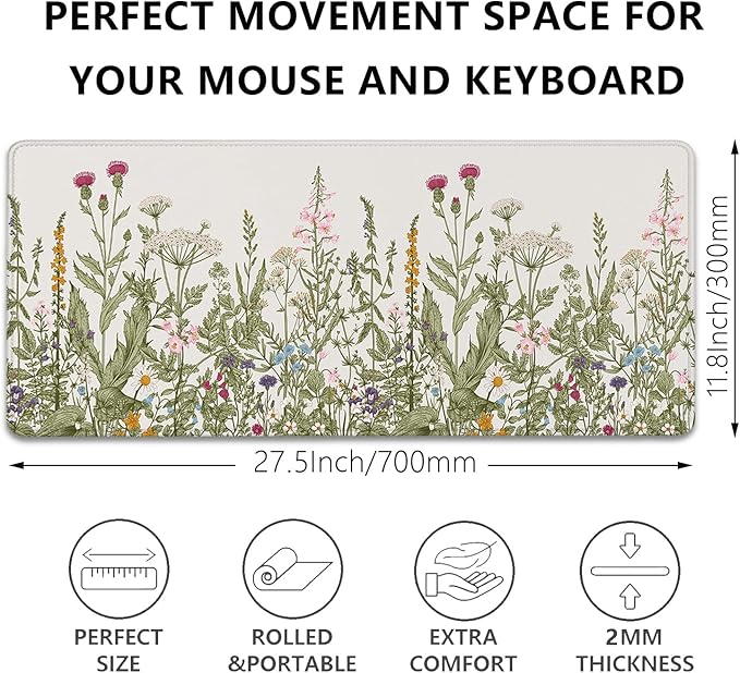 Flower Mouse Pad - Large, Abstract White, Floral Texture, Keyboard Mat, Gaming | 27.5x11.8 in