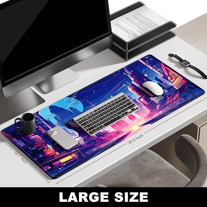 BOSOBO Large Mouse Pad, Desk Pad, XXL XL Extended Gaming Mouse Pad, Desk Mat for Office & Home, Long Keyboard Mat, Huge Mouse Pad, Desktop Full Cover 35.5 x 15.7 Inches, Anime Tokyo Cyberpunk