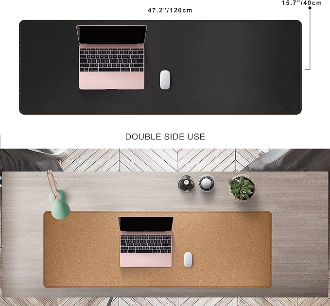 MAIDERN 47.2" x 15.7" Cork & Leather Desk Pad, Large XXL Mat, Full Mouse Pad, Dual Sided Protector for Gaming Home Office (Black)