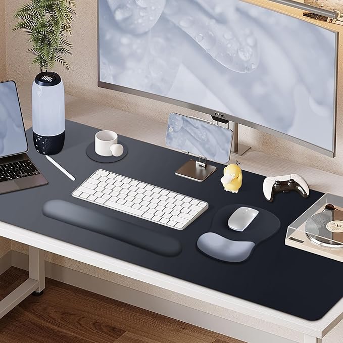 4-in-1 Large Gaming Mouse Pad, Keyboard Wrist Rest Pad & Wrist Support Mousepad Set, Extended Desk Pad Waterproof Desk Mat Protector for Home Office Decor Study Game 35.4×15.7 Inches Big I Black