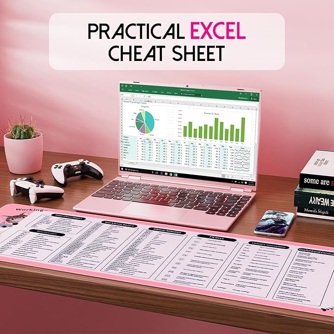 Excel Cheat Sheet Desk Pad, Cute Cat Pink Mouse Pad Non-Slip, 31.5" x 11.8" Large Shortcuts Mouse Pads, XL Gaming Keyboard Mat Office Pink Desk Accessories for Women