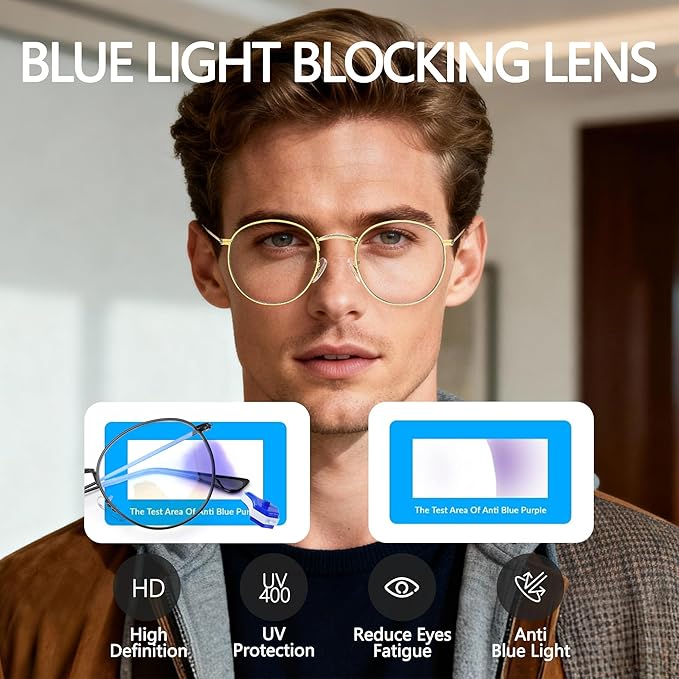 Round Blue Light Blocking Glasses for Men Women, Circle Metal Wire Rimmed Frame Glasses Anti Glare & UV RF5002