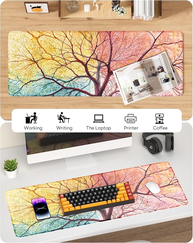 Nature Mouse Pad, 31.5 x 11.8 Large Desk Mat with Stitched Edges & Non-Slip Base, Mousepad for Office, Home, Work, Sunset Tree