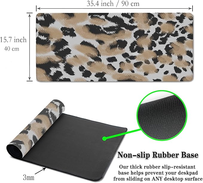 Gaming Mats XXL Keyboard and Mouse Pad - Extra Large Desk Mat for Men With Non-Slip Rubber Base 35.4 X 15.7 for Game Office, Animal Leopard Print