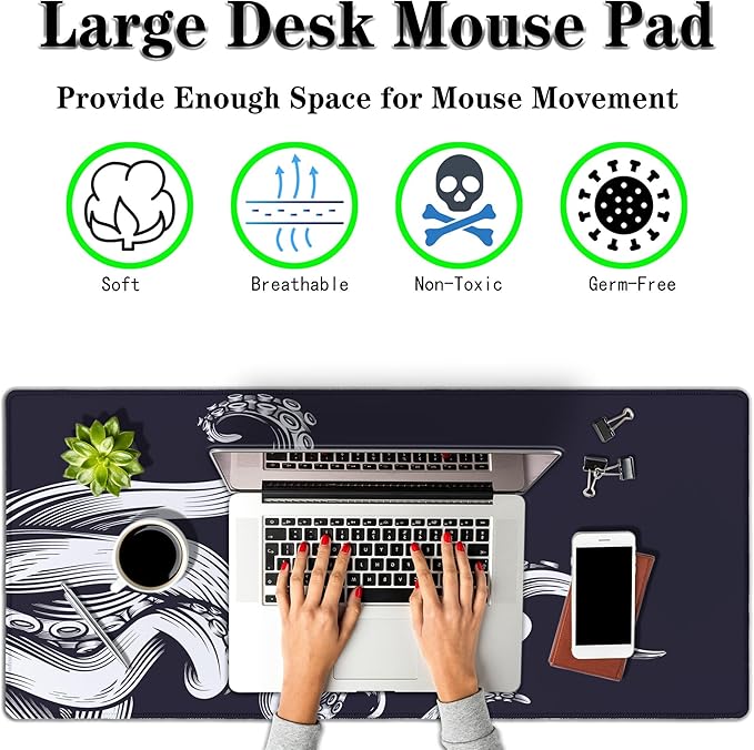 Game Mat Black Gaming Mouse Pad Extra Large Mouse Pads Computer Desk Accessories for Men Computer Mats Mousepad XXL Non-Slip Rubber Base 35.4 X 15.7 for Game Office, Octopus