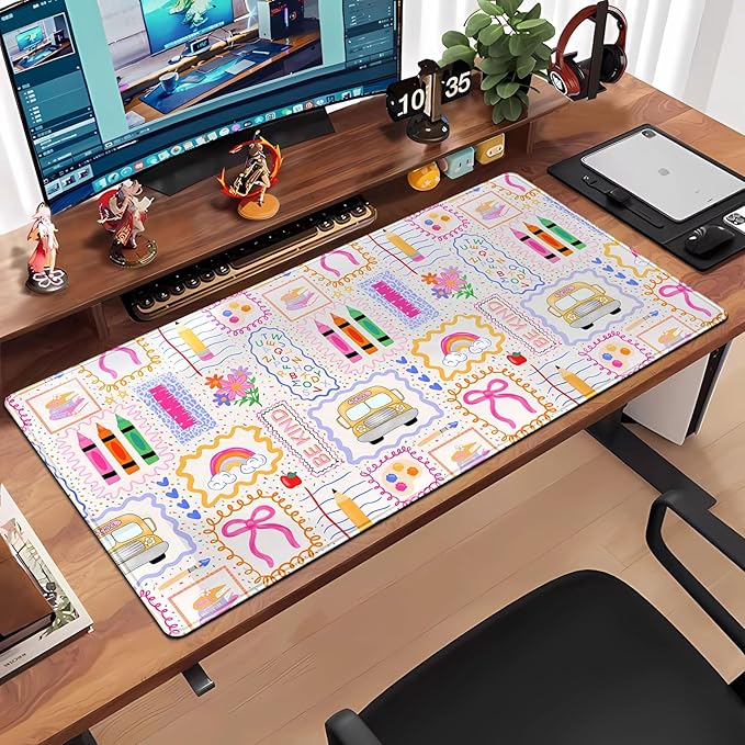 Pink Cute Desk Mat 31.5''X15.7'' Teacher Desk Pad Large Mouse Pad Teacher Appreciation Gift Back to School Extended Gaming Mousepad XXL Keyboard Mouse Mat for Computer Laptop Classroom Decor