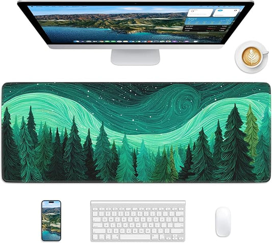 Nature Mouse Pad, 31.5 x 11.8 Large Desk Mat with Stitched Edges & Non-Slip Base, Mousepad for Office, Home, Work, Green Illustration