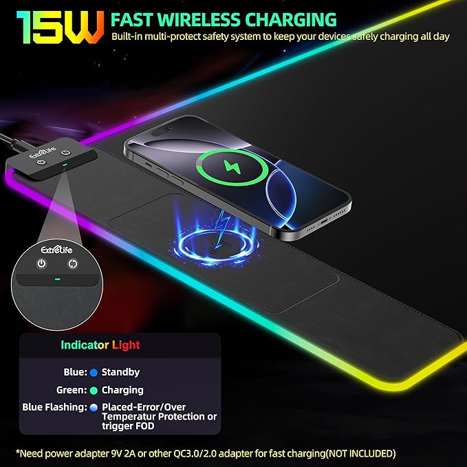 Mouse Pad with Wireless Charging, RGB Gaming Mousepad, Large Desk Mat with Ultra-Smooth Surface, Non-Slip Mouse Mat, Waterproof Computer Keyboard Pad for Gaming, Desk, Office, PC, 800x400x4MM, Black